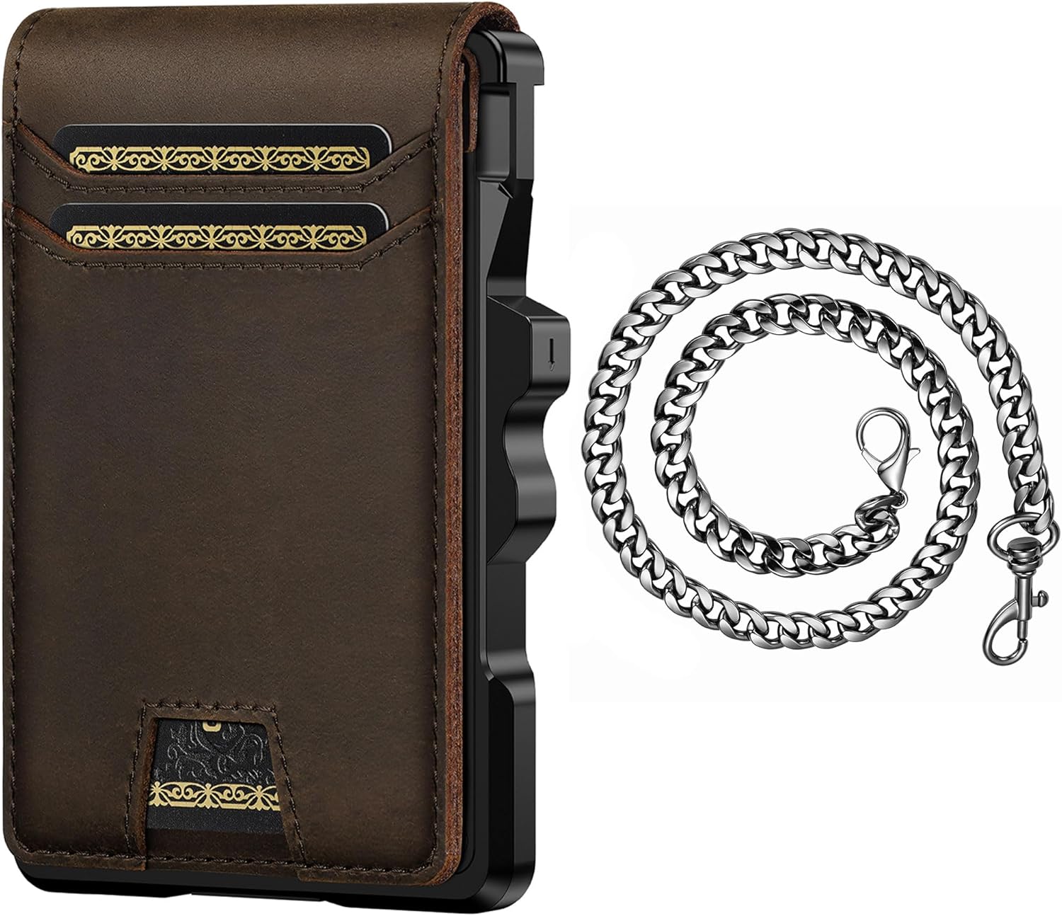 furid Genuine Leather Wallet with Chain: Slim RFID Minimalist Wallets with Money Clip - Smart Pop Up Credit Card Holder for Front Pocket - Gifts for Husband Father on Birthday Anniversary