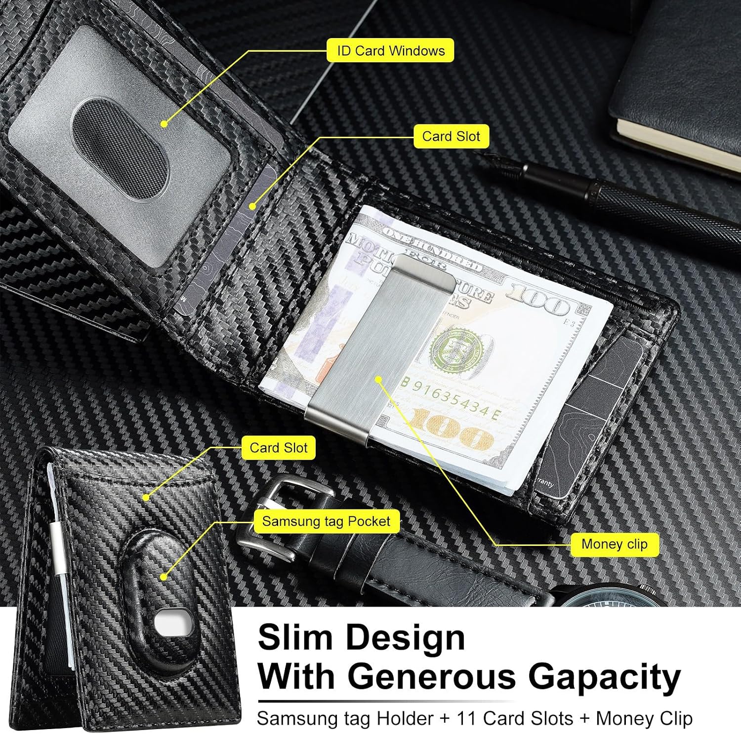 Mens Wallet for Samsung Galaxy SmartTag2 Slim Minimalist | Anti-Lost RFID Blocking Bifold Leather Wallet with Money Clip
