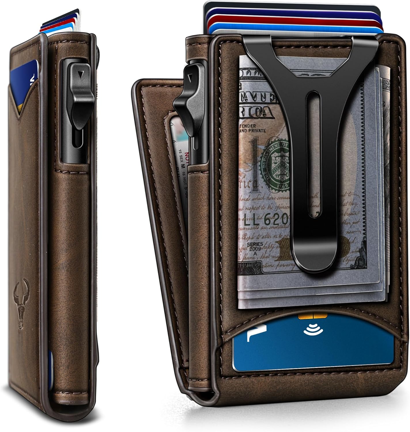 Slim Pop-Up RFID Wallet for Men with Money Clip & Leather Flip Case