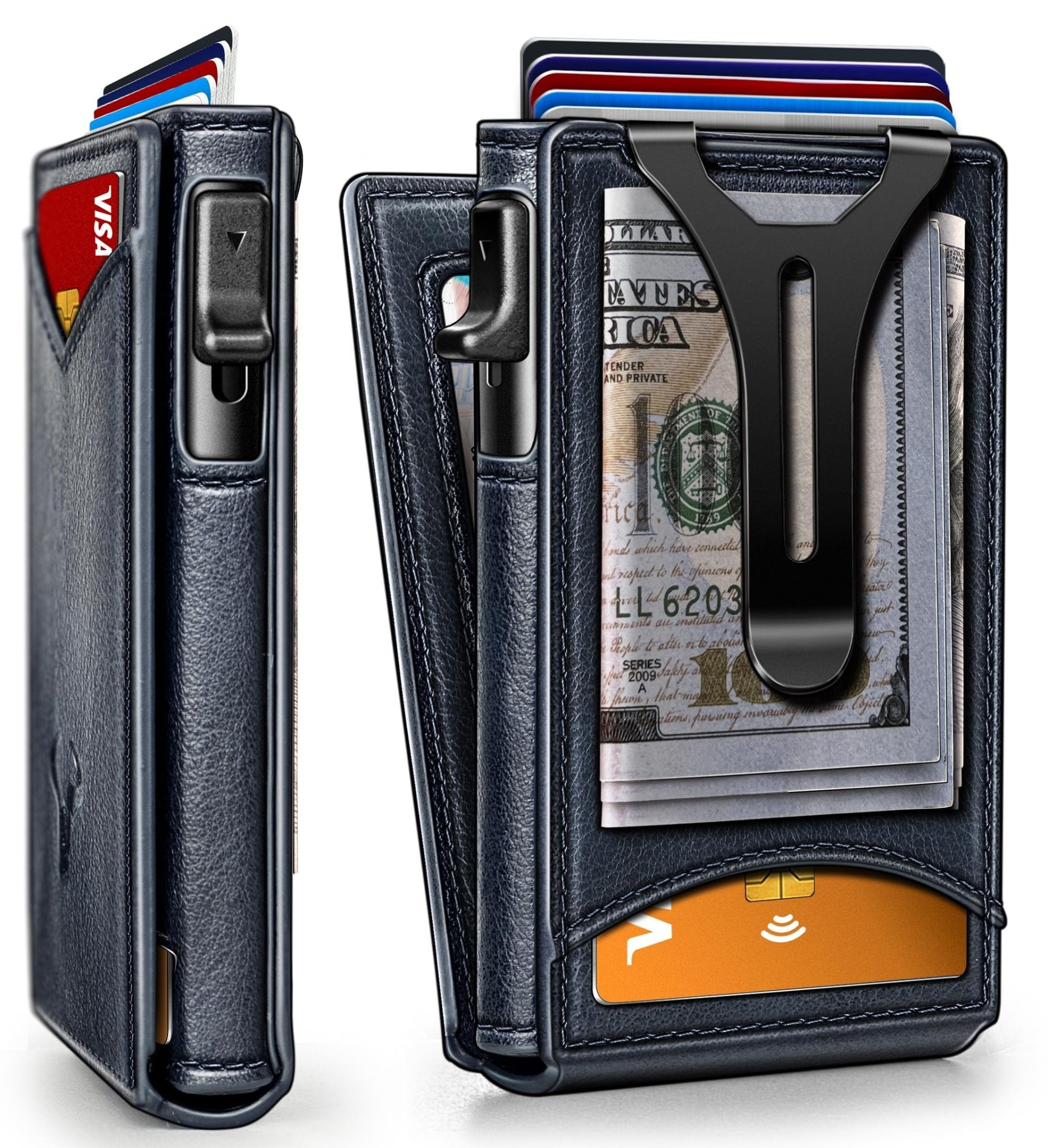 Slim Pop-Up RFID Wallet for Men with Money Clip & Leather Flip Case