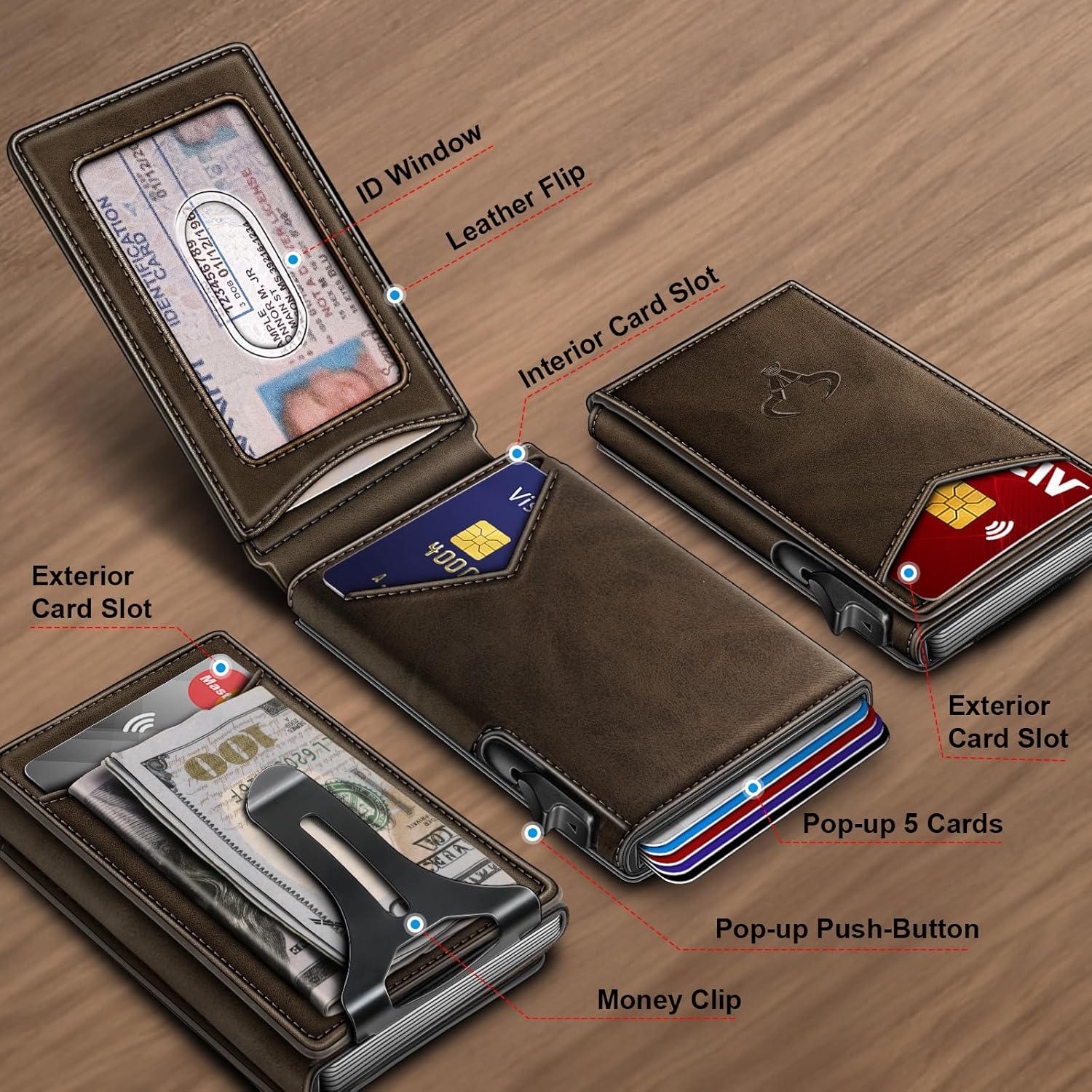 Slim Pop-Up RFID Wallet for Men with Money Clip & Leather Flip Case