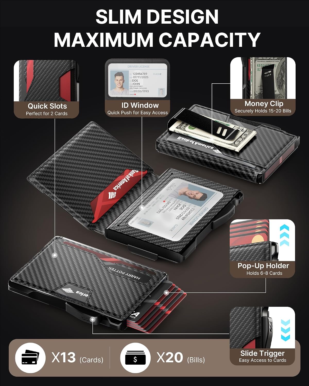 typecase Wallet for Men: Rfid-blocking with Money Clip Slim Leather Bifold Wallet ID Window Smart Pop Up Card Case Hold 9-13 Cards Front Pocket Wallet Gift for Men (Carbon Fiber Black)