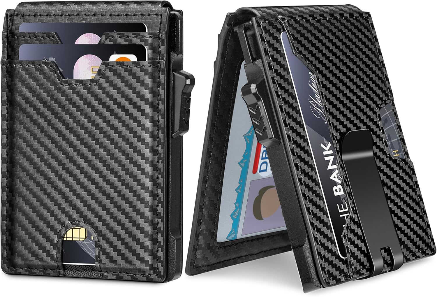 Minimalist Wallet for Men,Slim RFID Blocking Bifold Wallet Credit Card Holder Aluminum Pop-Up Card Case with Money Clip (Carbon Fiber Black)