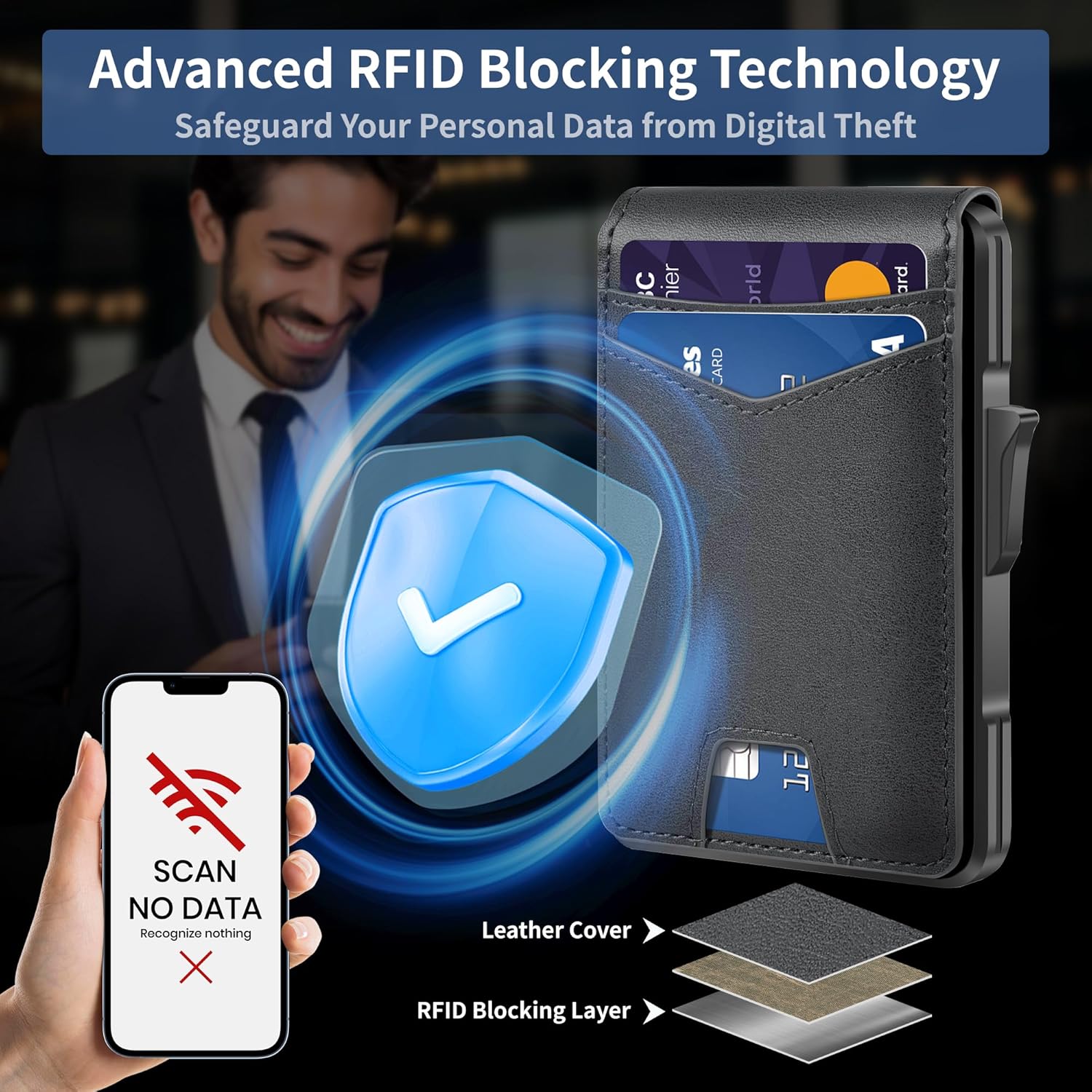 Slim RFID Wallet for Men with Pop - Up Card Holder – Waterproof Aluminum & Leather Bifold with 2 ID Windows, Money Clip, Holds 12+ Cards - Abbycart