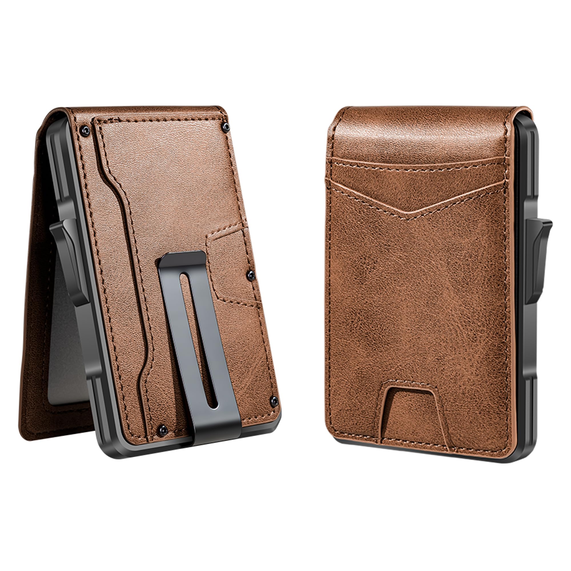 Slim RFID Wallet for Men with Pop - Up Card Holder – Waterproof Aluminum & Leather Bifold with 2 ID Windows, Money Clip, Holds 12+ Cards - Abbycart