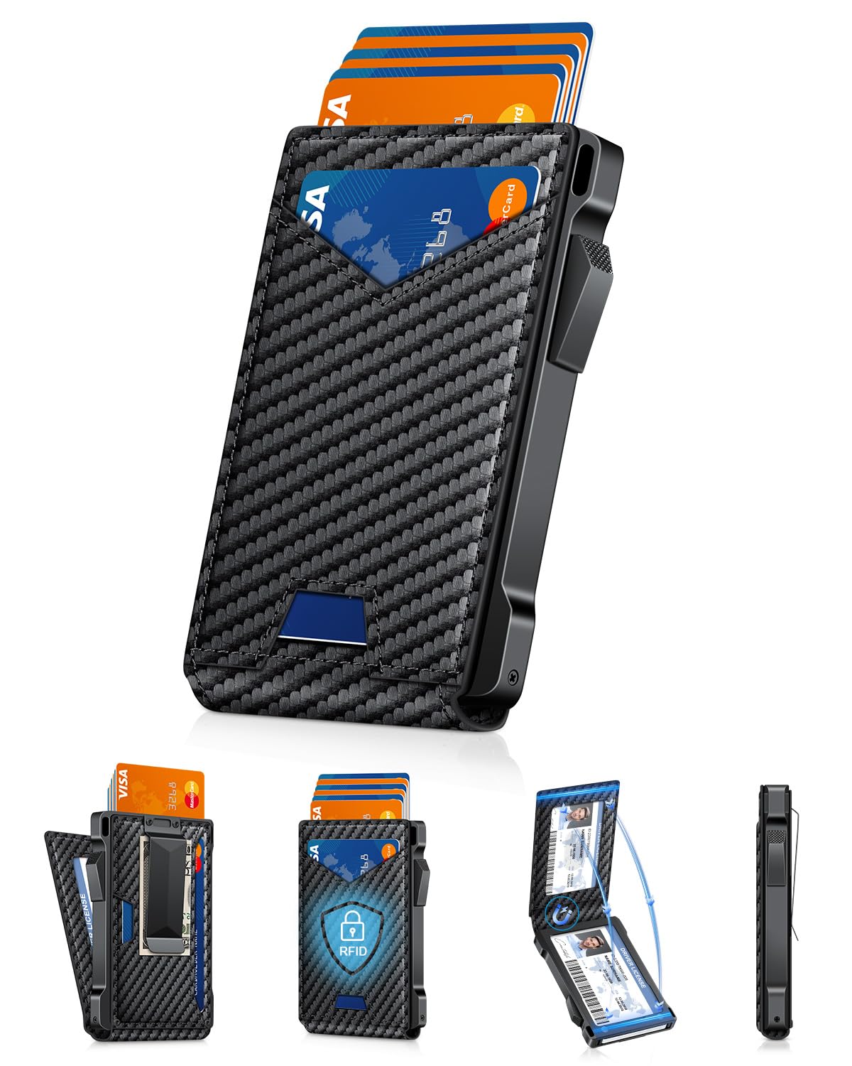 Slim Wallet for Men with Pop - Up Card Holder, RFID Blocking Metal Credit Card Holder with 2 ID Windows & Money Clip, Minimalist Front Pocket Wallet Holds 10–12 Cards - Abbycart