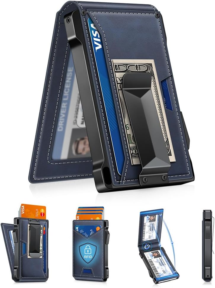 Slim Wallet for Men with Pop - Up Card Holder, RFID Blocking Metal Credit Card Holder with 2 ID Windows & Money Clip, Minimalist Front Pocket Wallet Holds 10–12 Cards - Abbycart