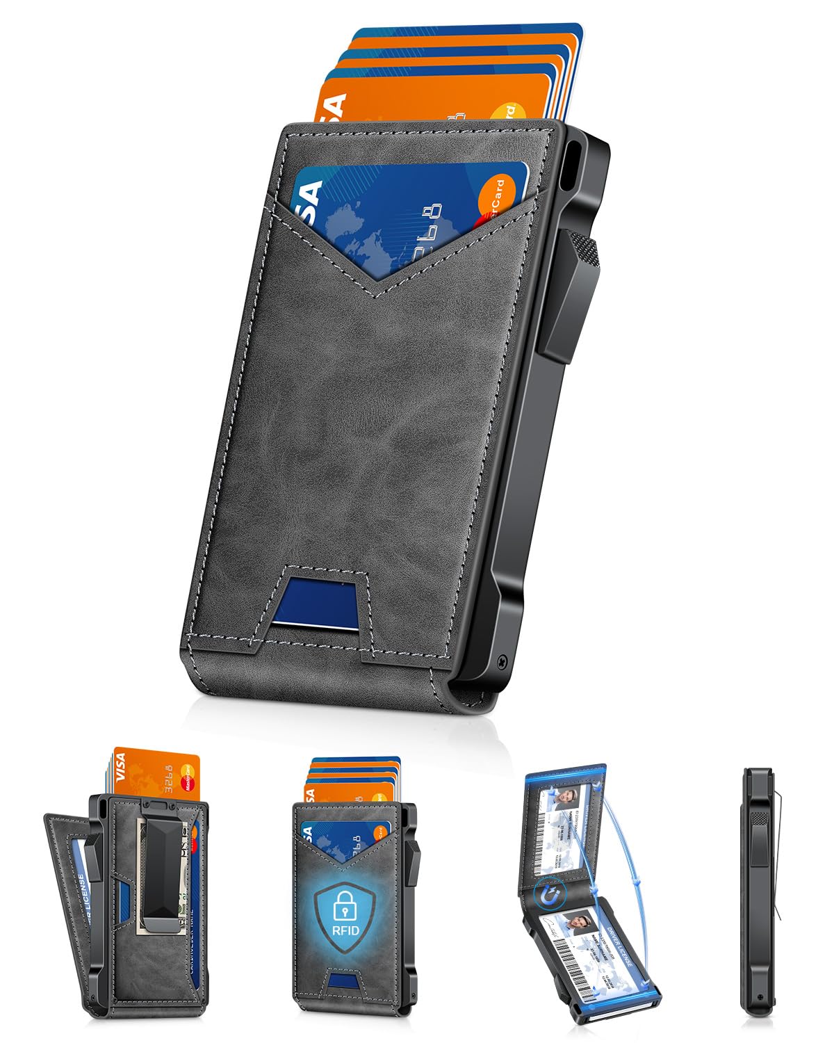 Slim Wallet for Men with Pop - Up Card Holder, RFID Blocking Metal Credit Card Holder with 2 ID Windows & Money Clip, Minimalist Front Pocket Wallet Holds 10–12 Cards - Abbycart