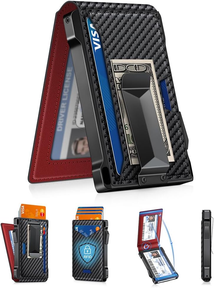 Slim Wallet for Men with Pop - Up Card Holder, RFID Blocking Metal Credit Card Holder with 2 ID Windows & Money Clip, Minimalist Front Pocket Wallet Holds 10–12 Cards - Abbycart