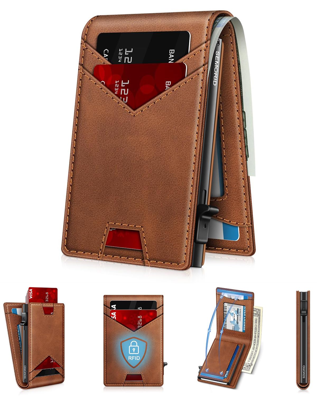 Slim Wallet for Men with Pop-Up Card Holder, RFID Blocking Metal Wallet with ID Window & Cash Slot, Minimalist Smart Bifold Holds 12–14 Cards