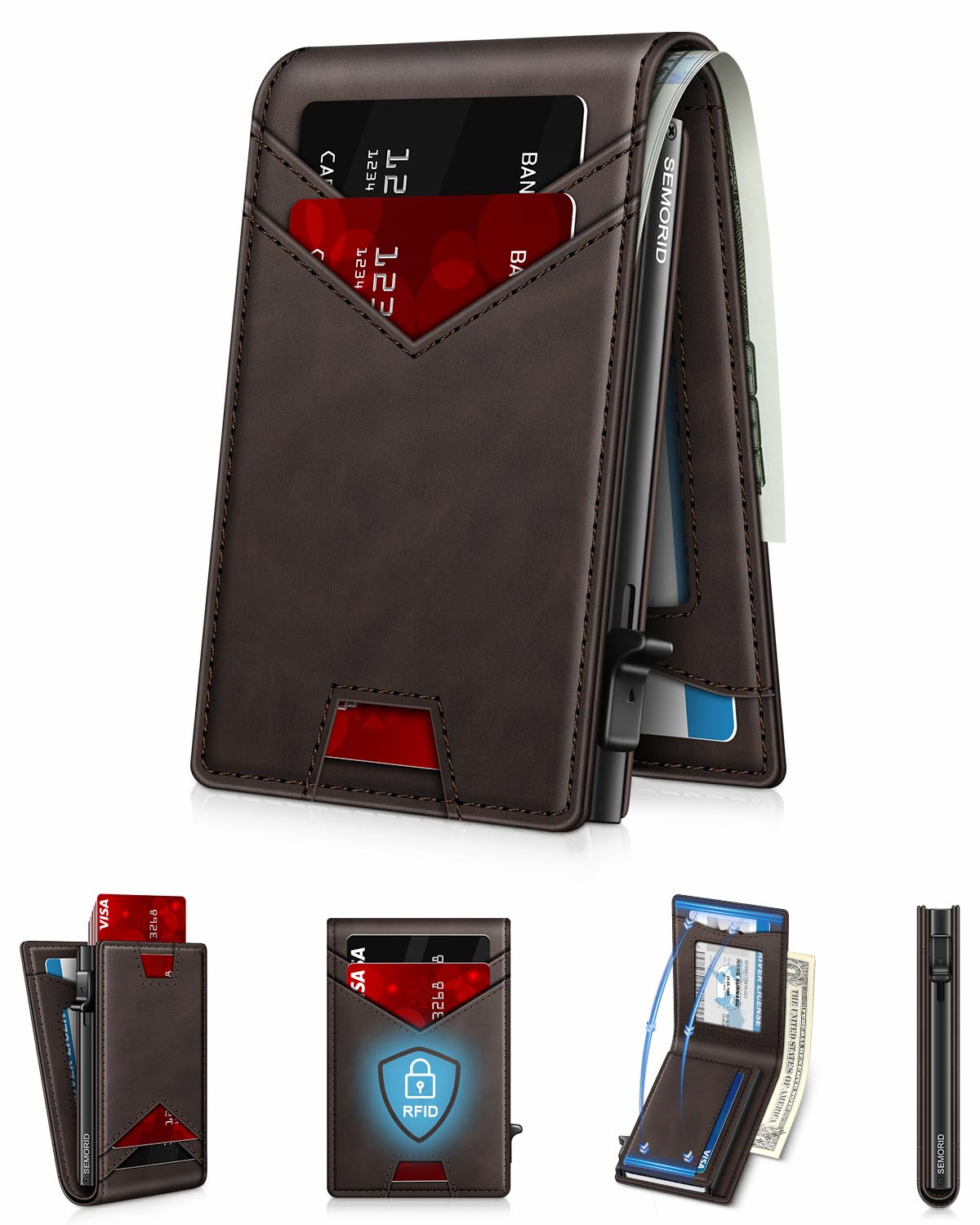 Slim Wallet for Men with Pop-Up Card Holder, RFID Blocking Metal Wallet with ID Window & Cash Slot, Minimalist Smart Bifold Holds 12–14 Cards