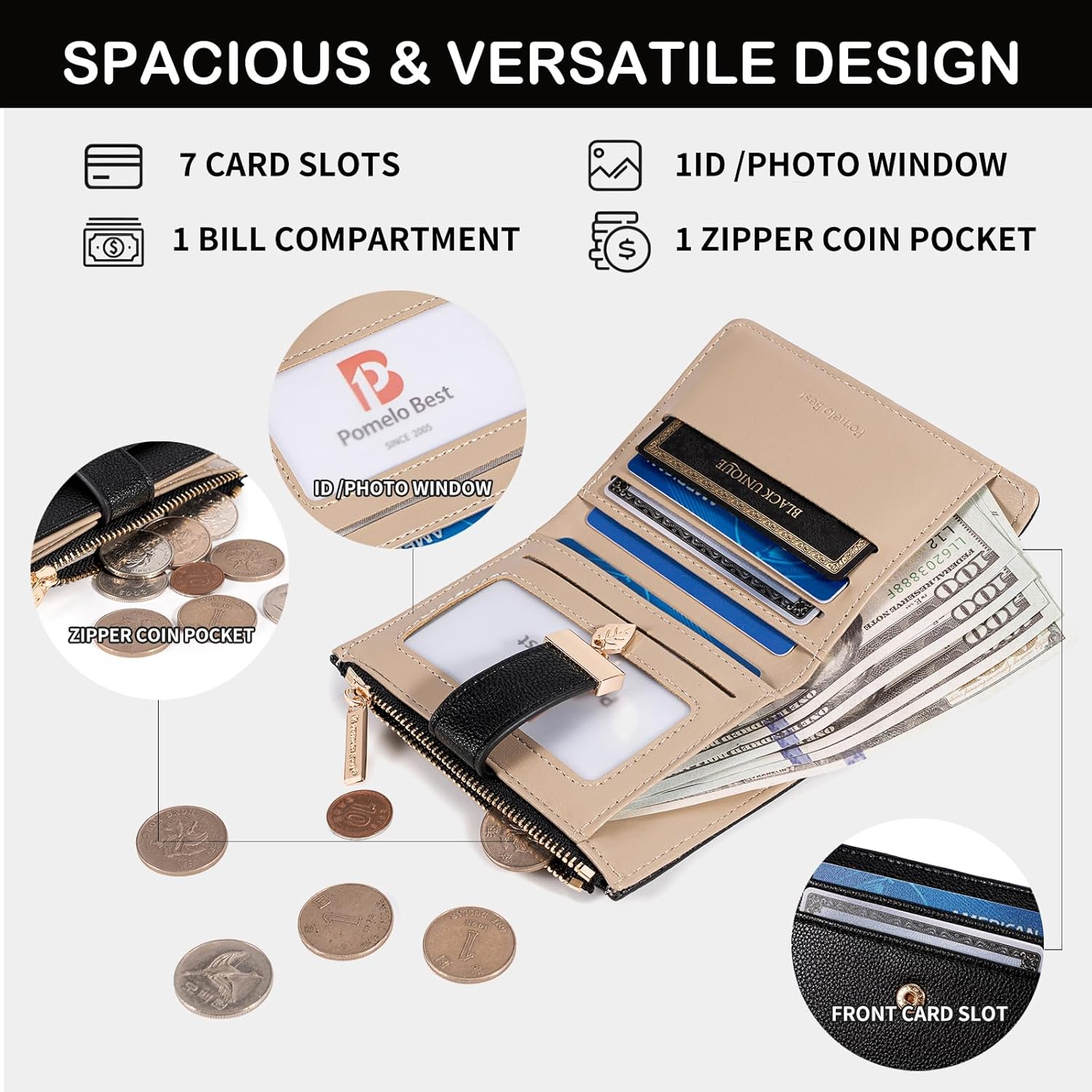 Pomelo Best Small Wallet Women Bifold Soft Leather Card Holder with ID Window Zipper Coin Pocket Wallets for Women Black