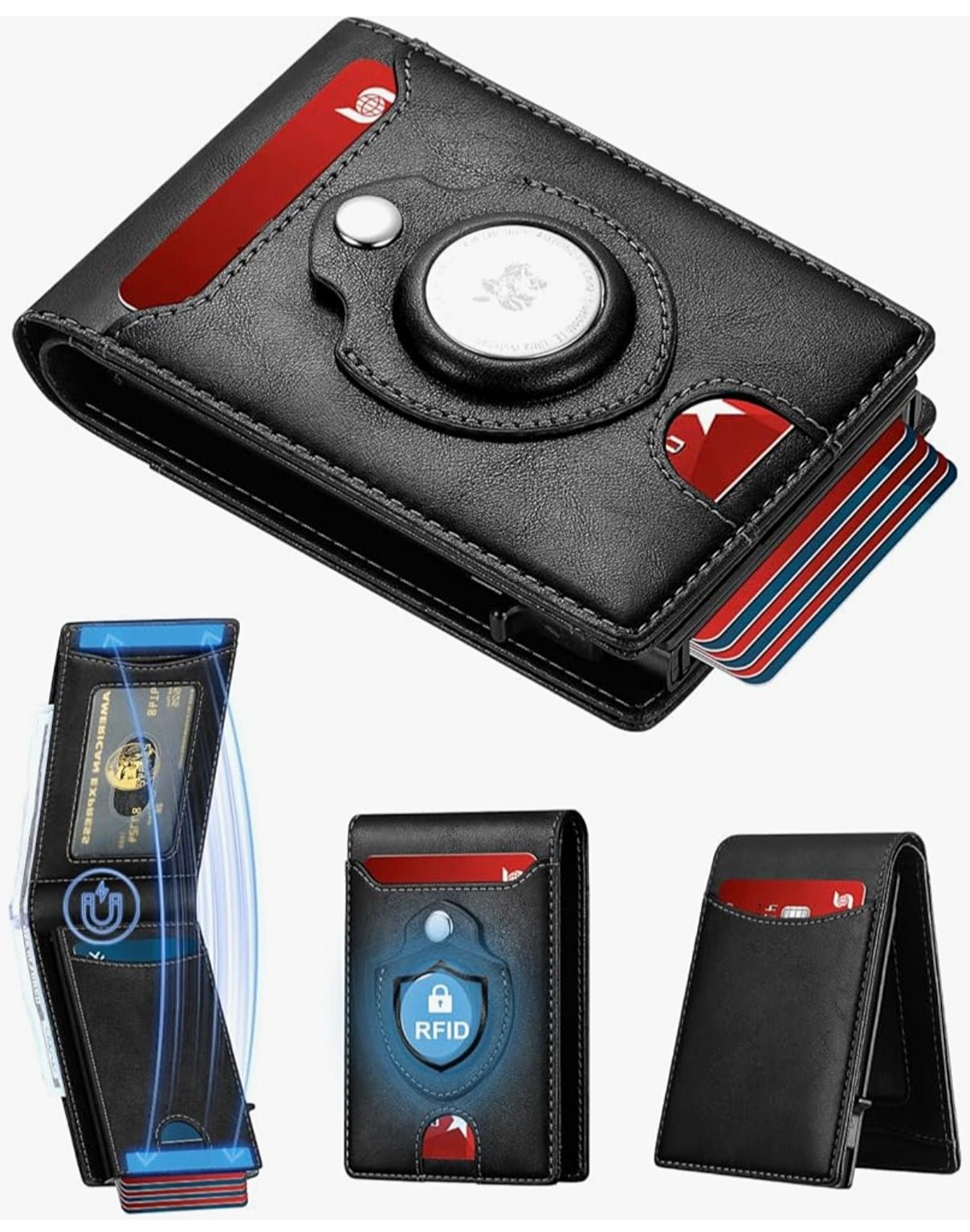 Smart AirTag Wallet for Men | RFID Blocking Slim Pop-Up Leather Wallet Holds 10+ Cards & ID Window Gift for Him
