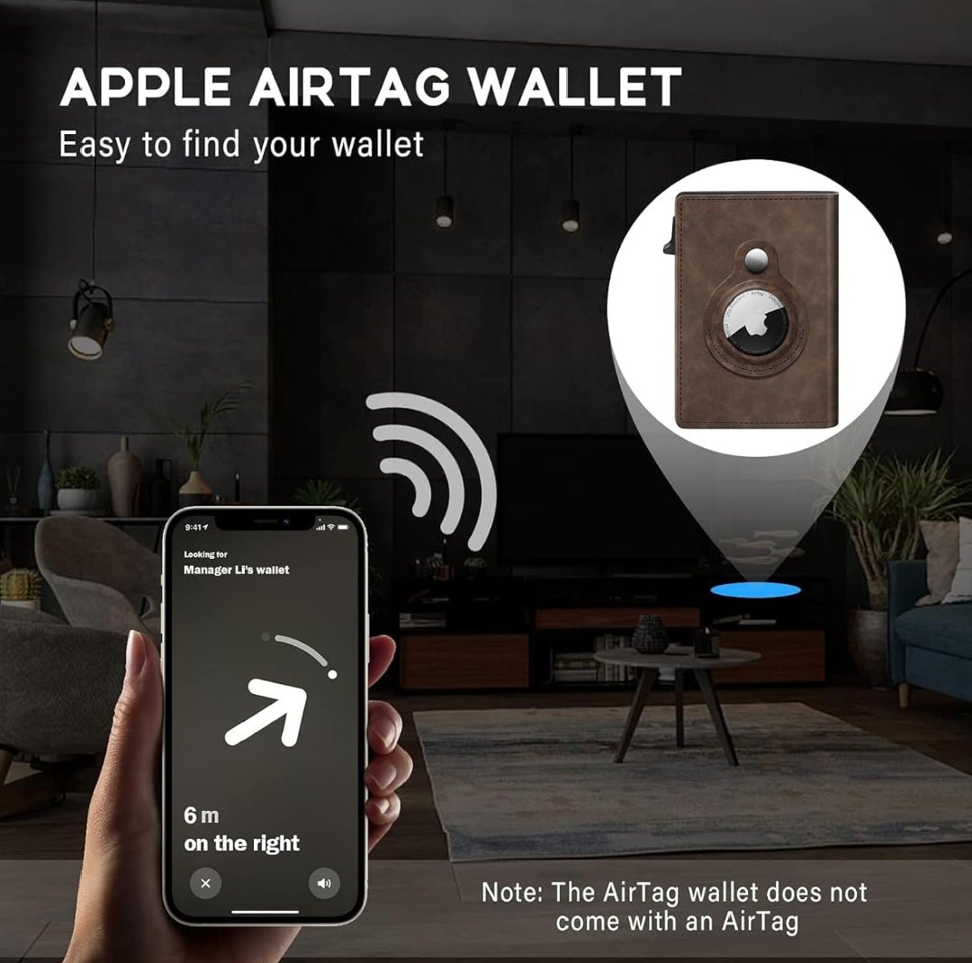 A brown leather Apple AirTag wallet tracked via an iPhone screen showing precision finding direction and distance in a living room setup. 