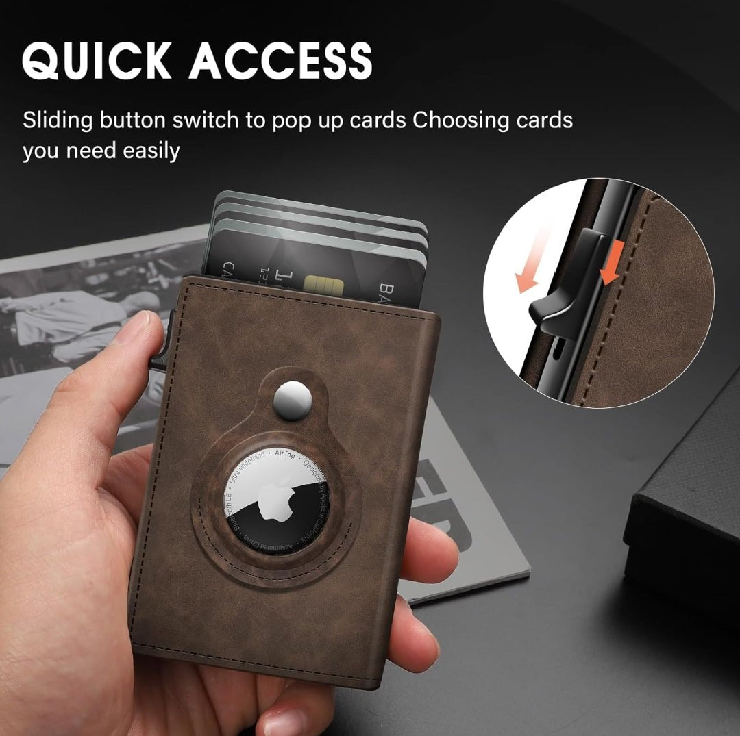 A hand using the side sliding button switch on a brown leather minimalist wallet to trigger the pop-up quick-access mechanism for multiple credit cards. 