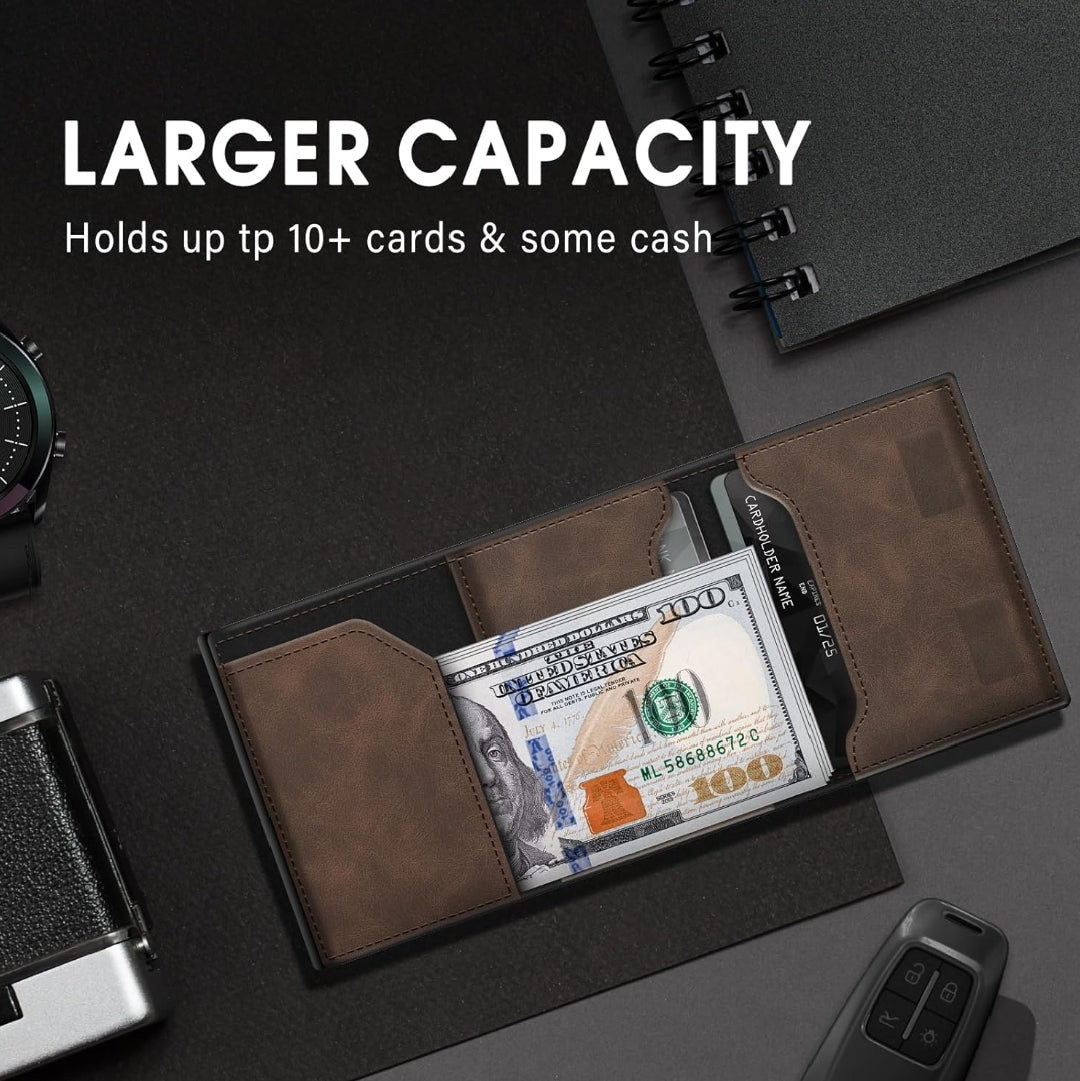 An opened tri-fold brown leather wallet demonstrating a larger capacity feature that holds a stack of US dollar cash bills and over 10 credit cards. 
