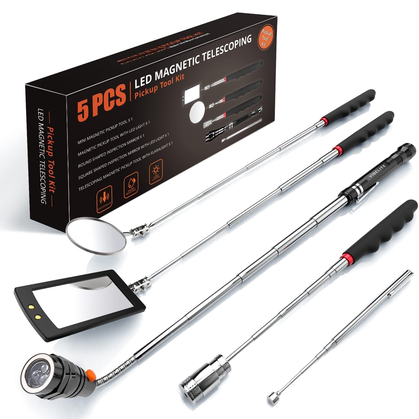 Telescoping Magnetic Pickup Tool Set with LED Light & Mirrors