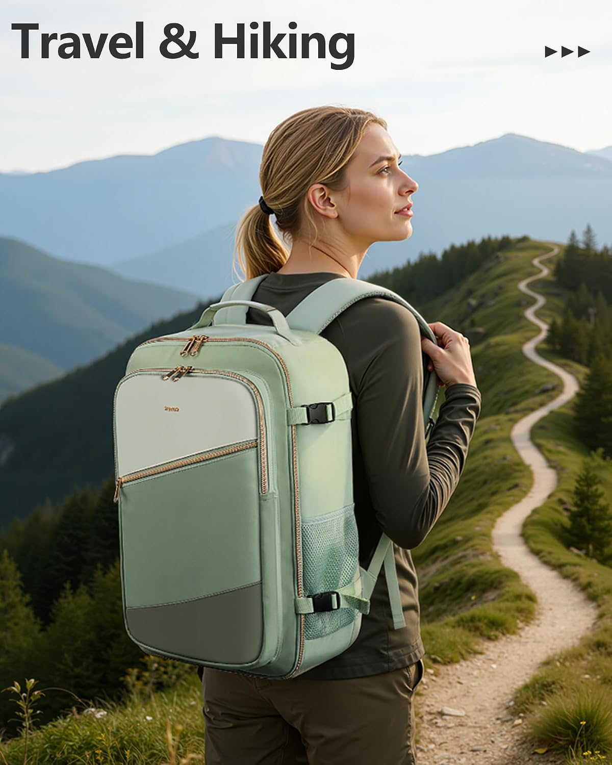 HOTOR Travel Backpack for Women – TSA-Friendly Travel Bag with Multiple Compartments & 3 Packing Cubes, Water-Resistant & Comfortable, Perfect for Travel Essentials, Green, 17.3" x 13.0" x 7.9"