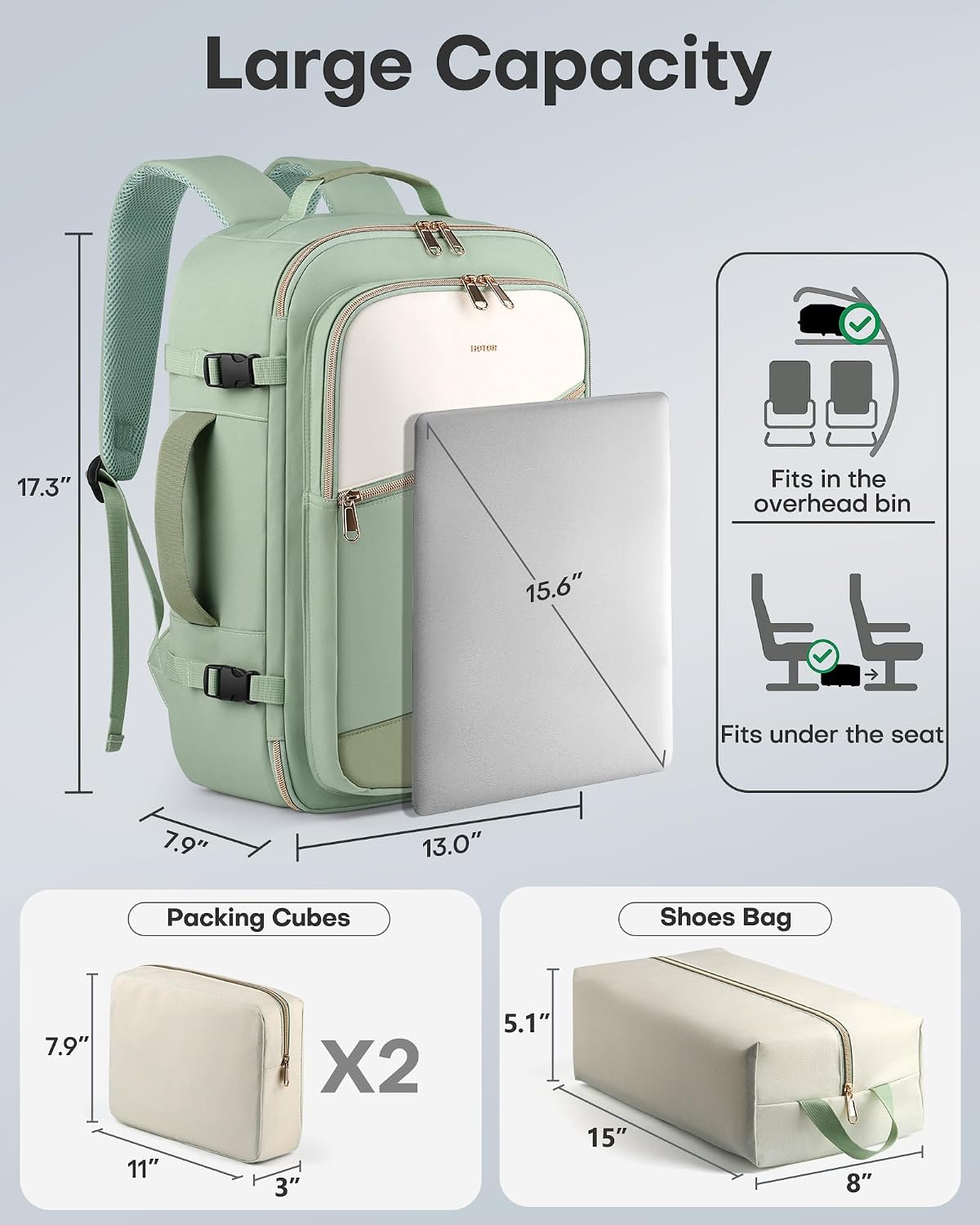 HOTOR Travel Backpack for Women – TSA-Friendly Travel Bag with Multiple Compartments & 3 Packing Cubes, Water-Resistant & Comfortable, Perfect for Travel Essentials, Green, 17.3" x 13.0" x 7.9"