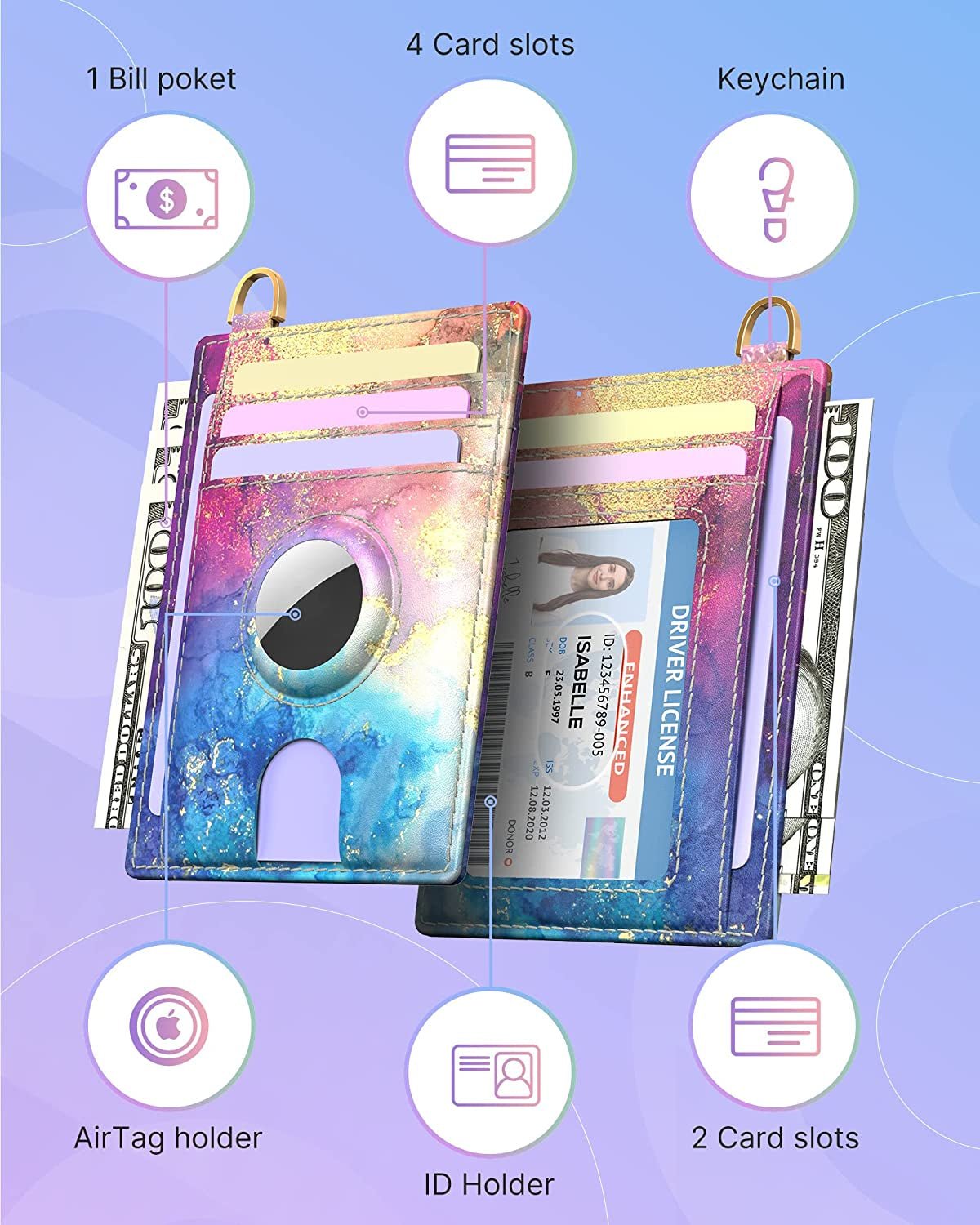 Wallet for Women with Wristlet Keychain: Secure Holder for Airtag, Premium Leather, Custom Pattern, RFID Blocking, Slim, Minimalist, Small - 8-11 Card Capacitiy | ID Window | Cash Pocket (Rainbow) - Abbycart