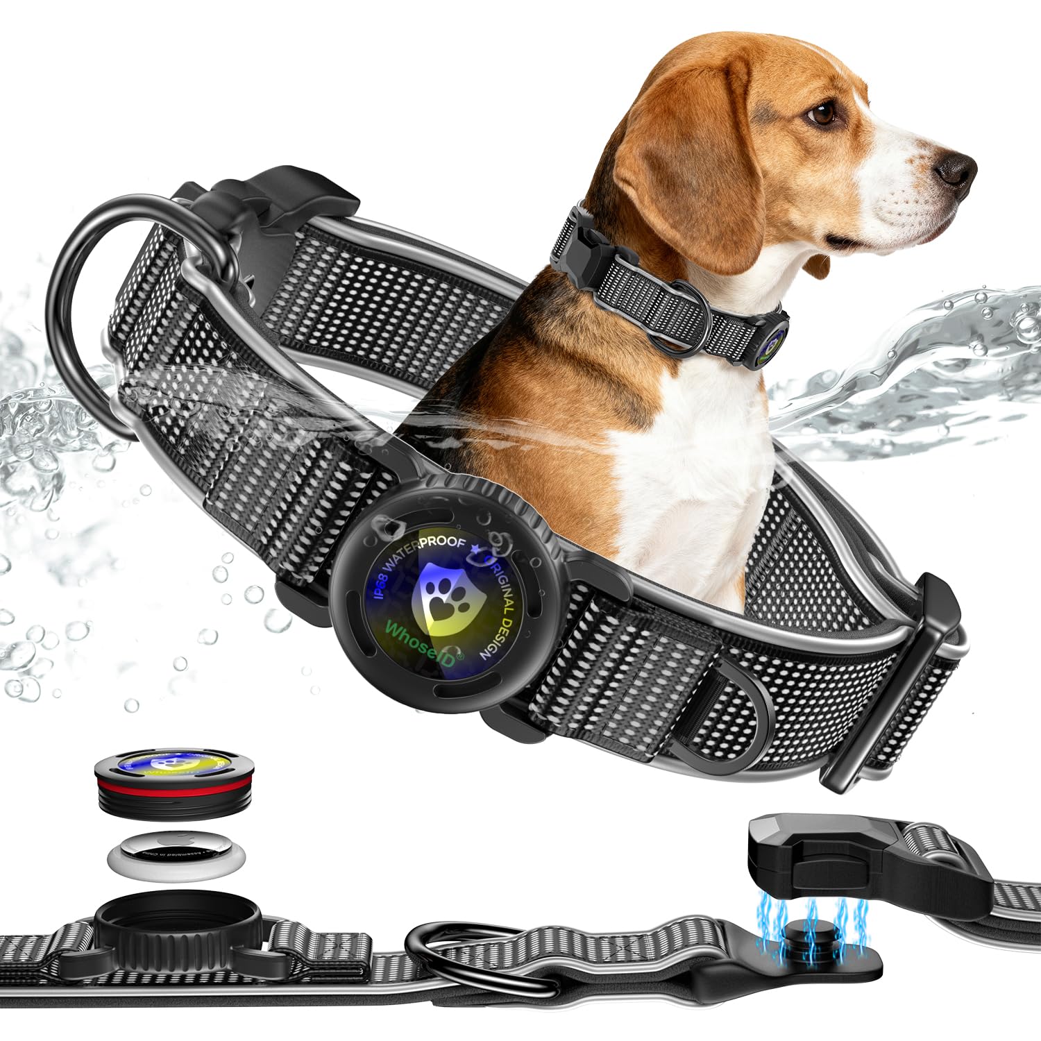 Waterproof AirTag Dog Collar for Large Dogs, Magnetic Buckle, Reflective