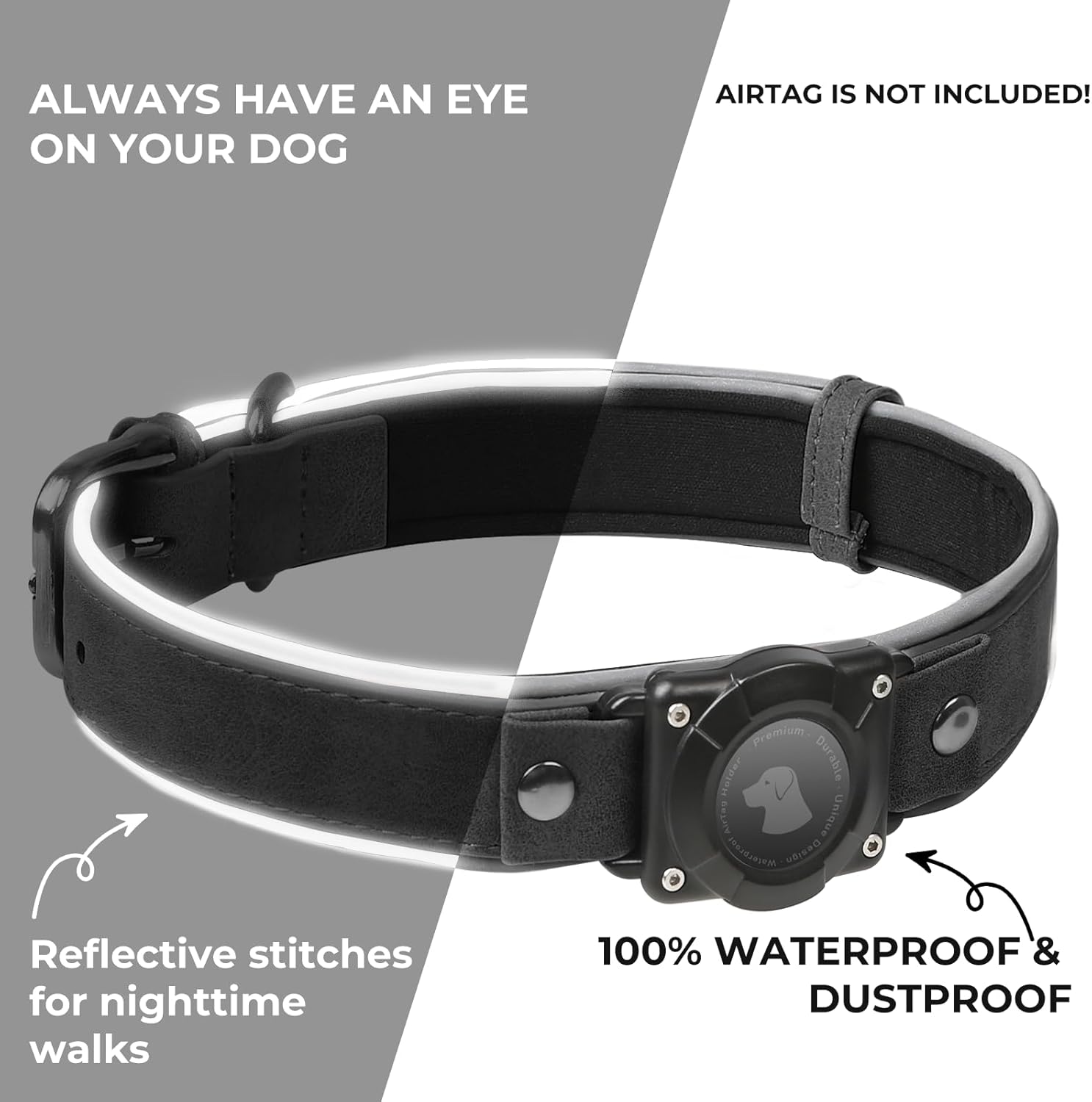 Premium Leather AirTag Dog Collar, 100% Waterproof & Reflective Dog Collar with AirTag Holder – Compatible with Apple Air Tag | Durable, Comfortable Padded GPS Dog Collars（Black-M）