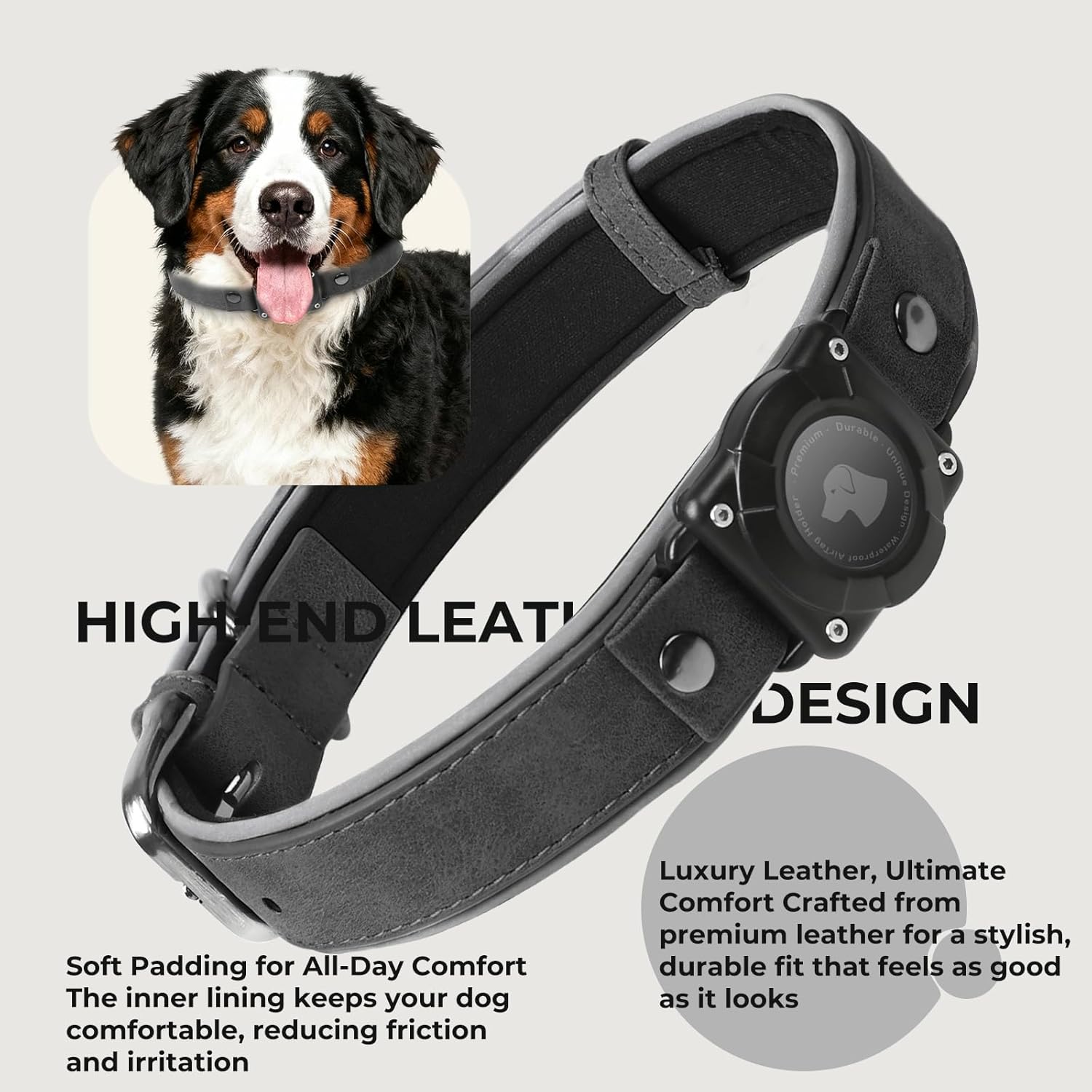 Premium Leather AirTag Dog Collar, 100% Waterproof & Reflective Dog Collar with AirTag Holder – Compatible with Apple Air Tag | Durable, Comfortable Padded GPS Dog Collars（Black-M）