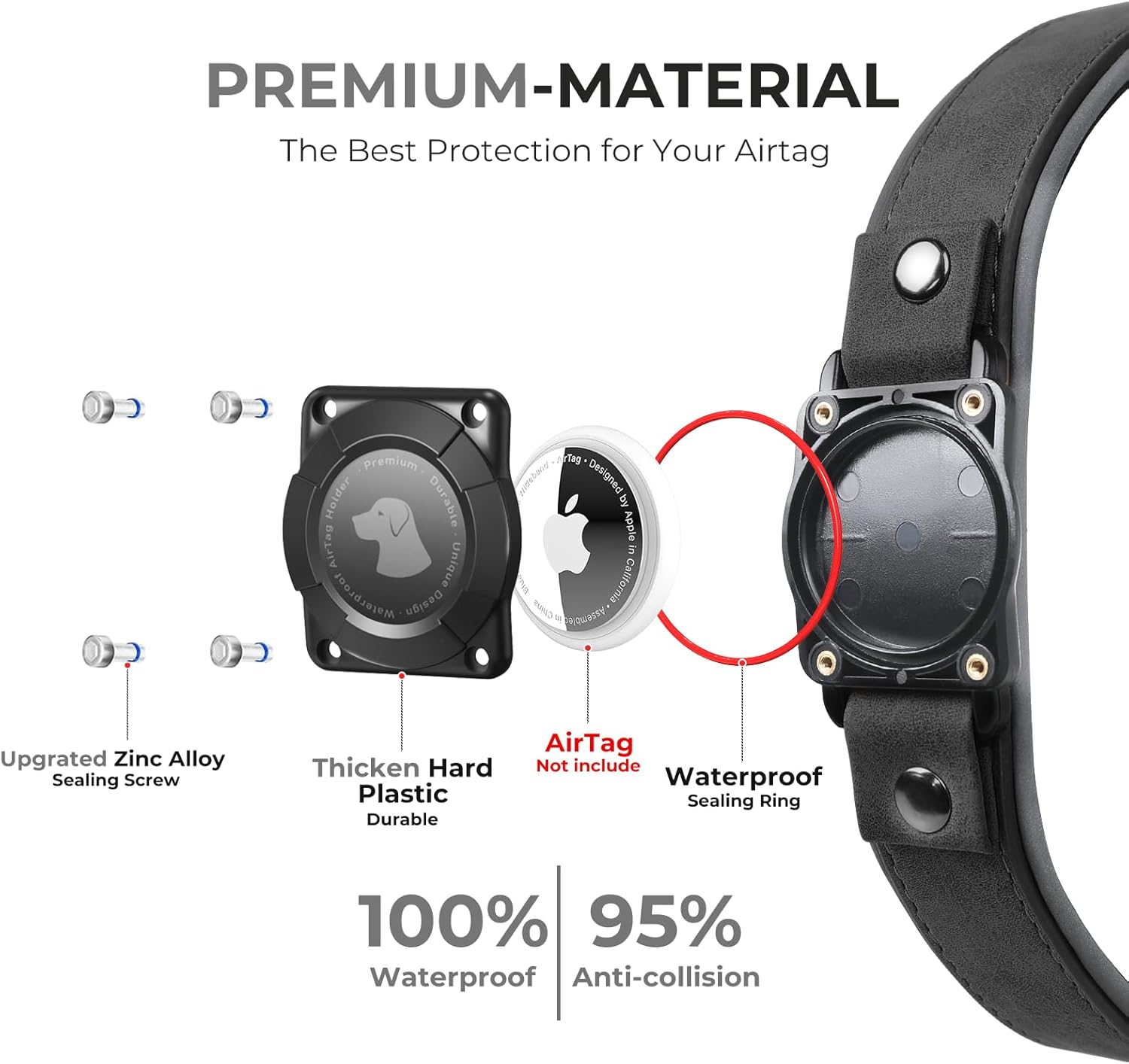Premium Leather AirTag Dog Collar, 100% Waterproof & Reflective Dog Collar with AirTag Holder – Compatible with Apple Air Tag | Durable, Comfortable Padded GPS Dog Collars（Black-M）