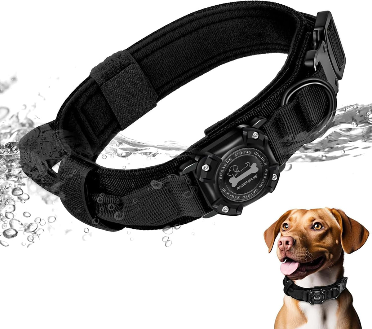 Waterproof Tactical Dog Collar with Integrated AirTag Holder and Control Handle for Medium to Large Breeds