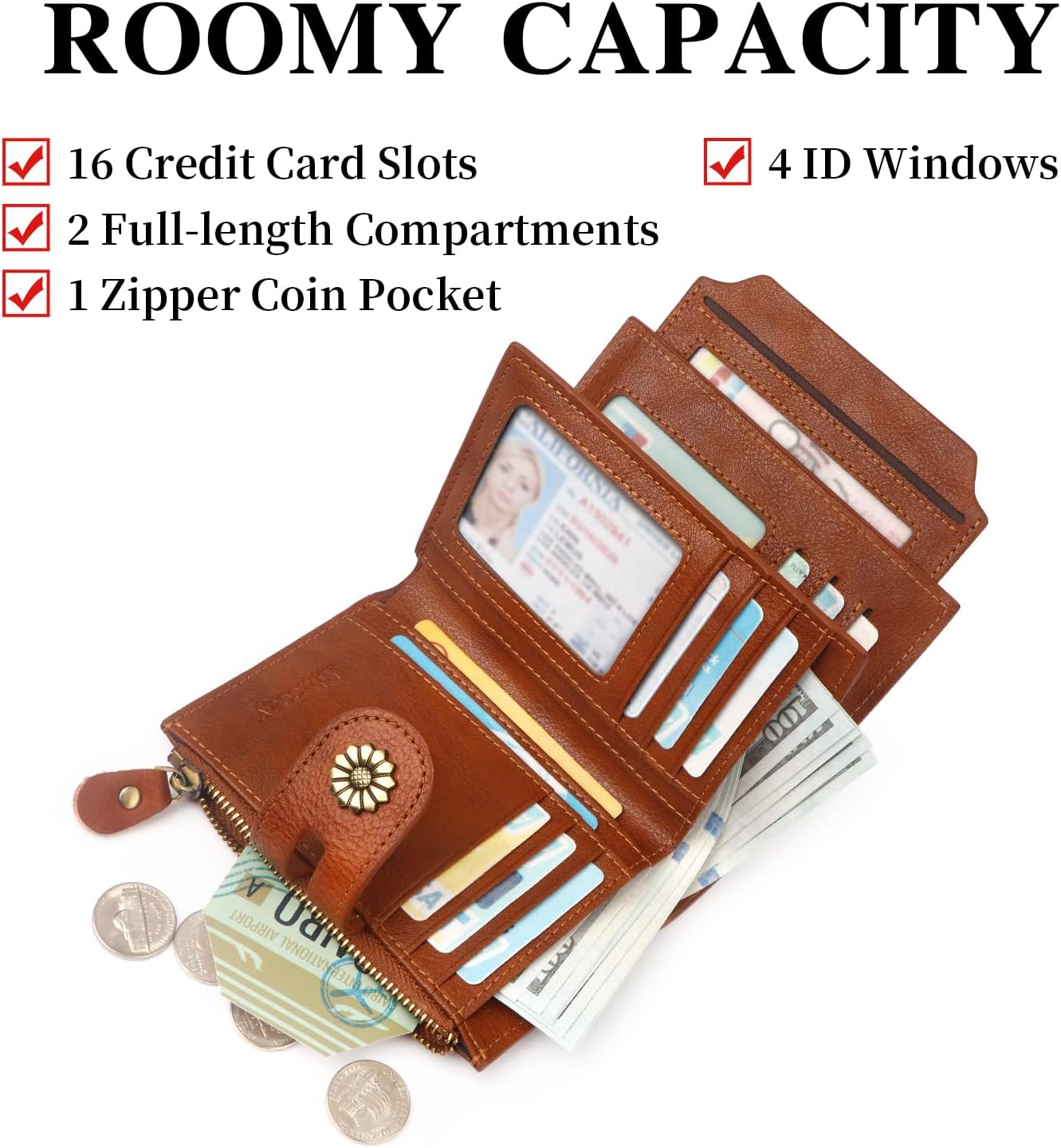 Women Leather Wallet RFID Blocking Compact Bifold Card Holder