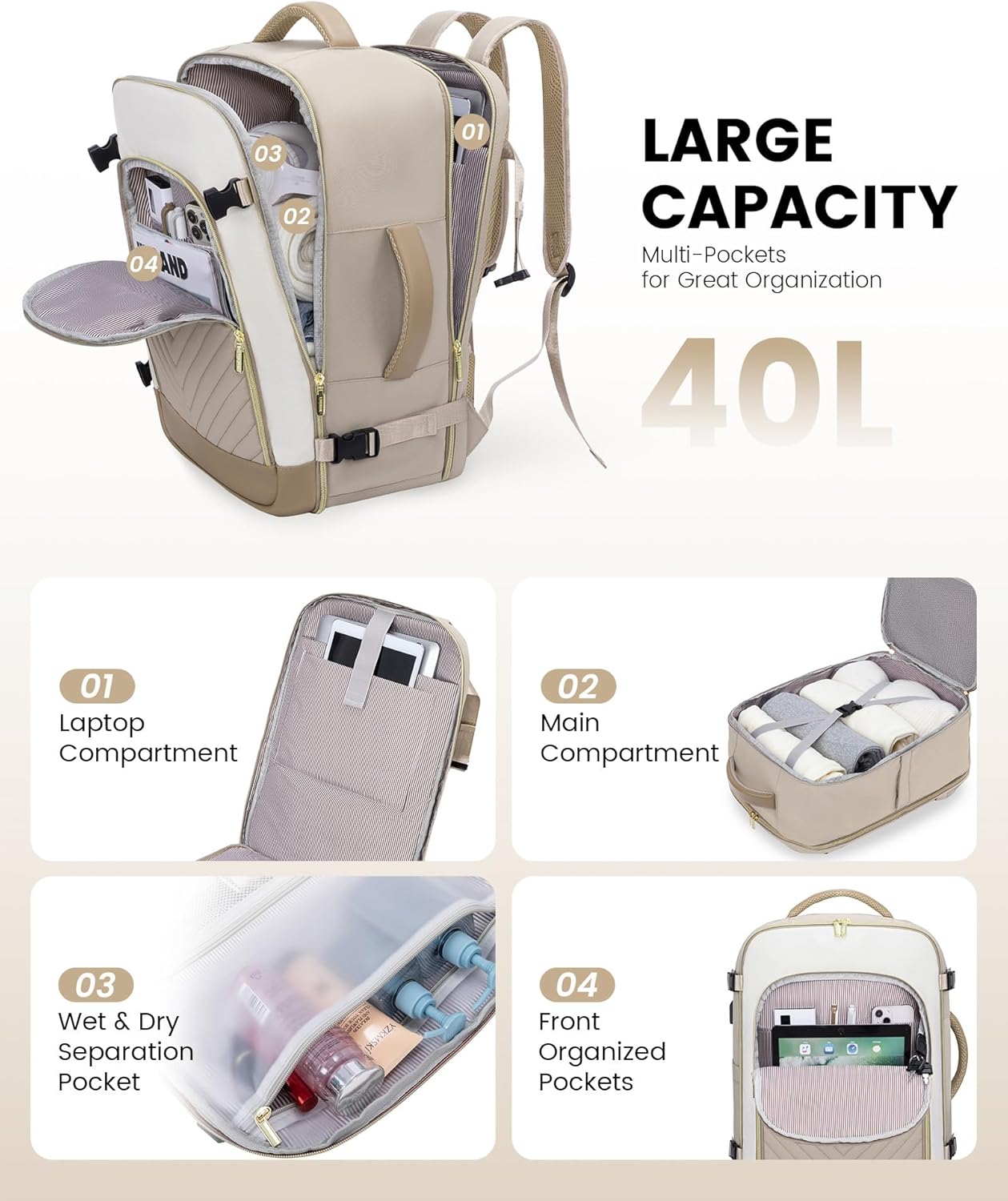 LOVEVOOK Large Travel Backpack for Women, TSA Carry on Backpack for Airplanes, 40L Personal Item Travel Bag for Women fits 17" Laptop,Waterproof Carry on Bag Airplane Approved with 3 Packing Cubes