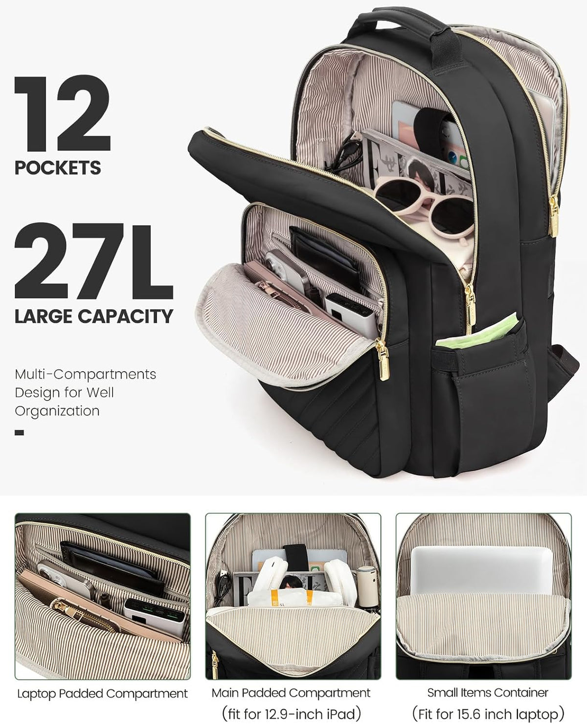 LOVEVOOK Laptop Backpack Purse for Women, Work Travel Computer Bags, College School Backpack for Student Girl, Quilted Casual Daypack with USB Port, Fit 15.6 Inch Laptop, Black
