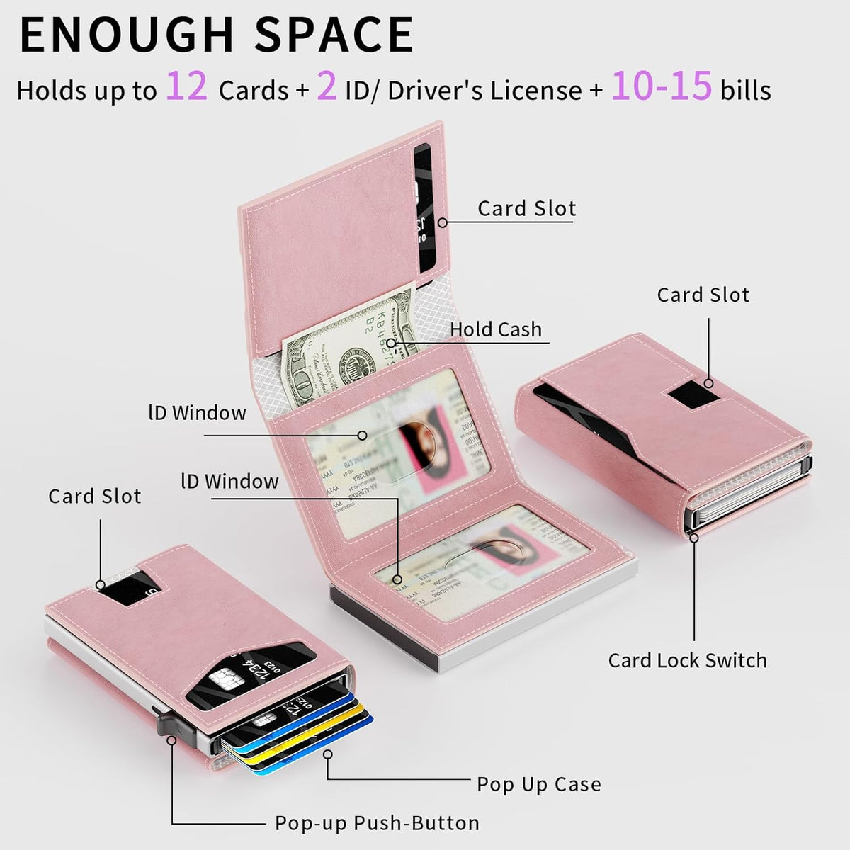 RFID Wallet Women: Stylish Security Metal Wallet for 10-12 Cards & 2 ID Windows - Smart Pop-Up Credit Card Holder & Cash Slot in Compact Trifold Design,Gift for Her(Pink)