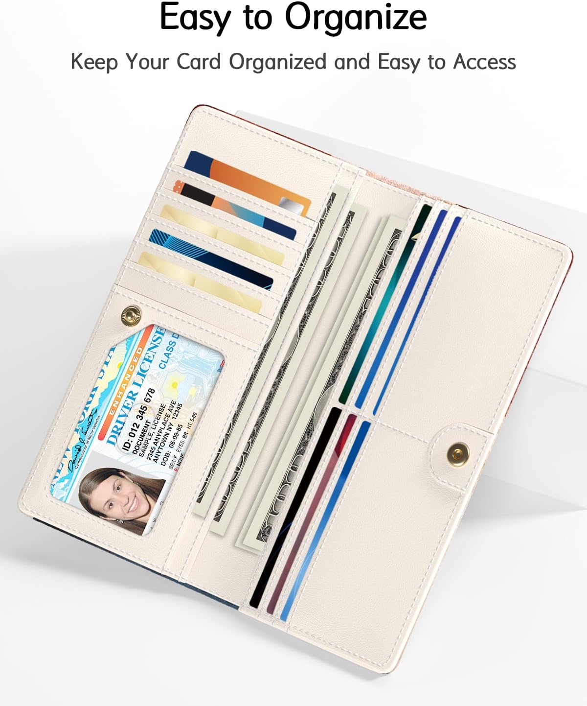 Women's bifold wallet open with credit cards, cash and ID window, Simple Abstract Art design