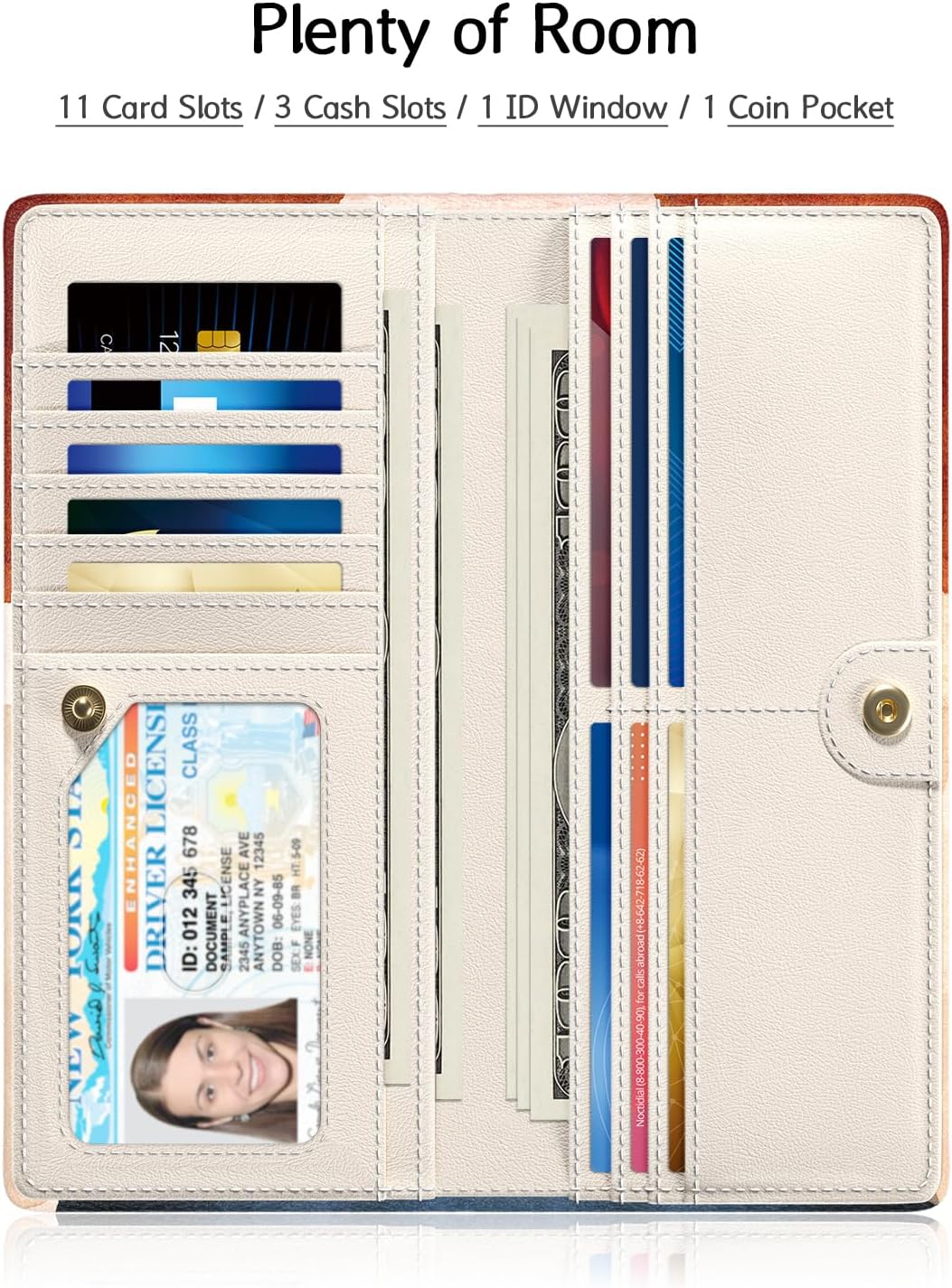 Women's slim bifold wallet open showing 11 card slots, 3 cash slots, ID window and zippered coin pocket, Simple Abstract Art design