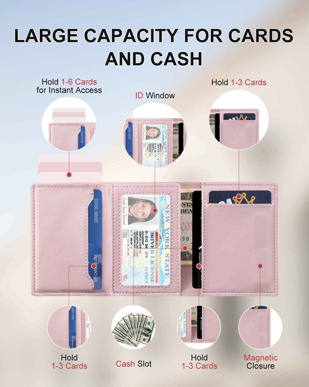 Womens Wallet with Pop Up Card Holder, RFID Blocking, Slim, Smart, Minimalist, Thin, Small, Trifold, 10-14 Cards Capacity, Cash Pocket, ID Window(Light Pink)