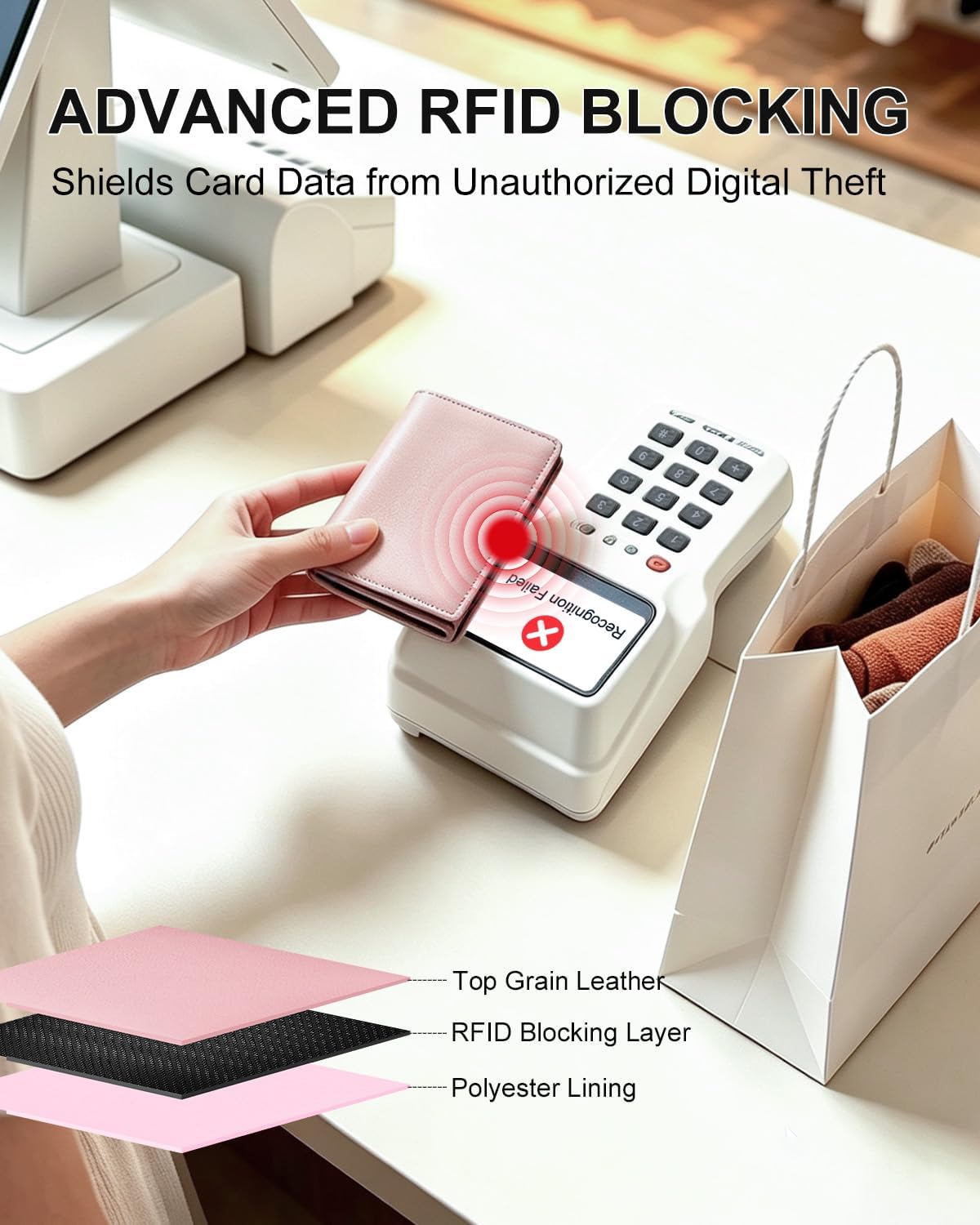 Womens Wallet with Pop Up Card Holder, RFID Blocking, Slim, Smart, Minimalist, Thin, Small, Trifold, 10-14 Cards Capacity, Cash Pocket, ID Window(Light Pink)