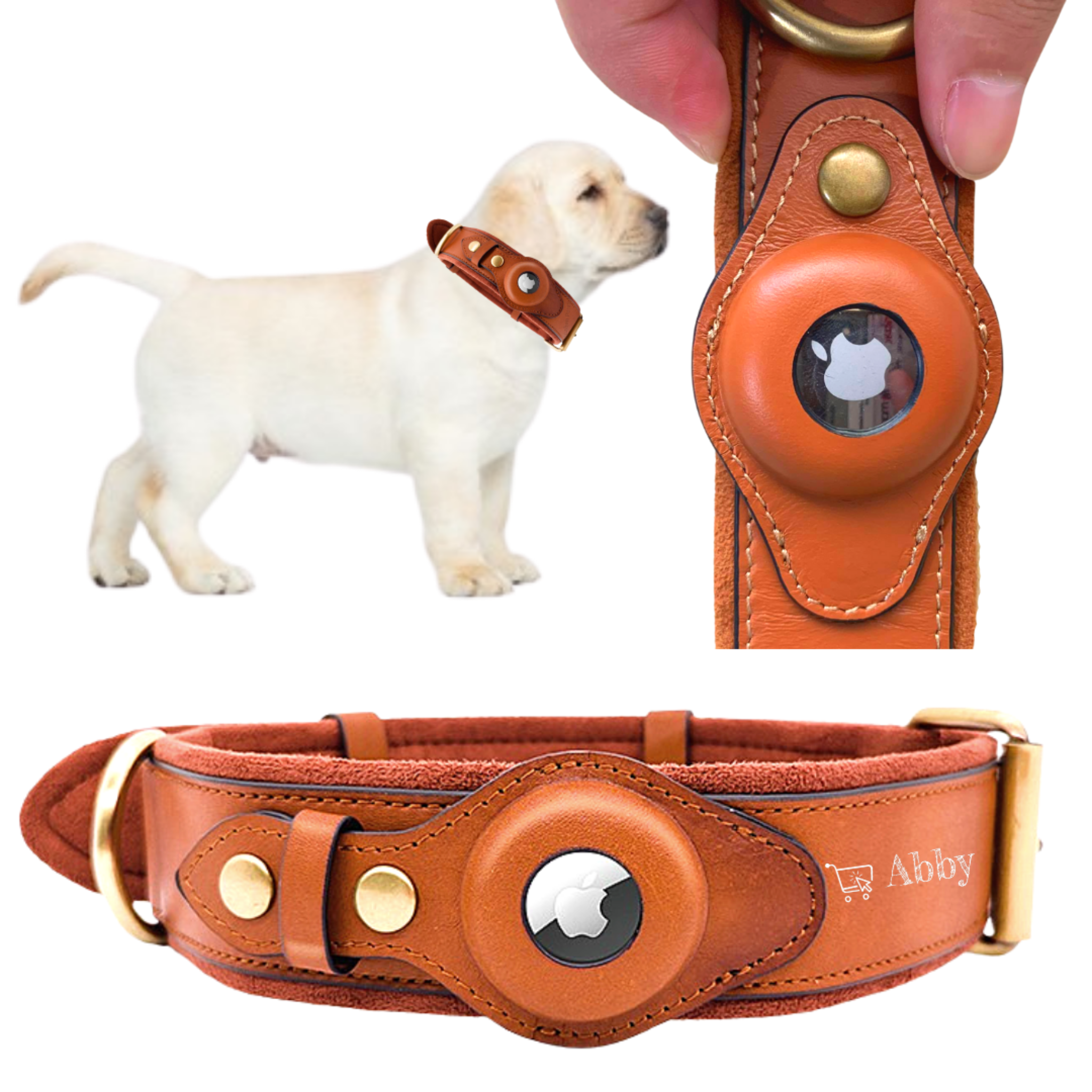 Golden Leather Dog Collars with Apple AirTag Slot Tan